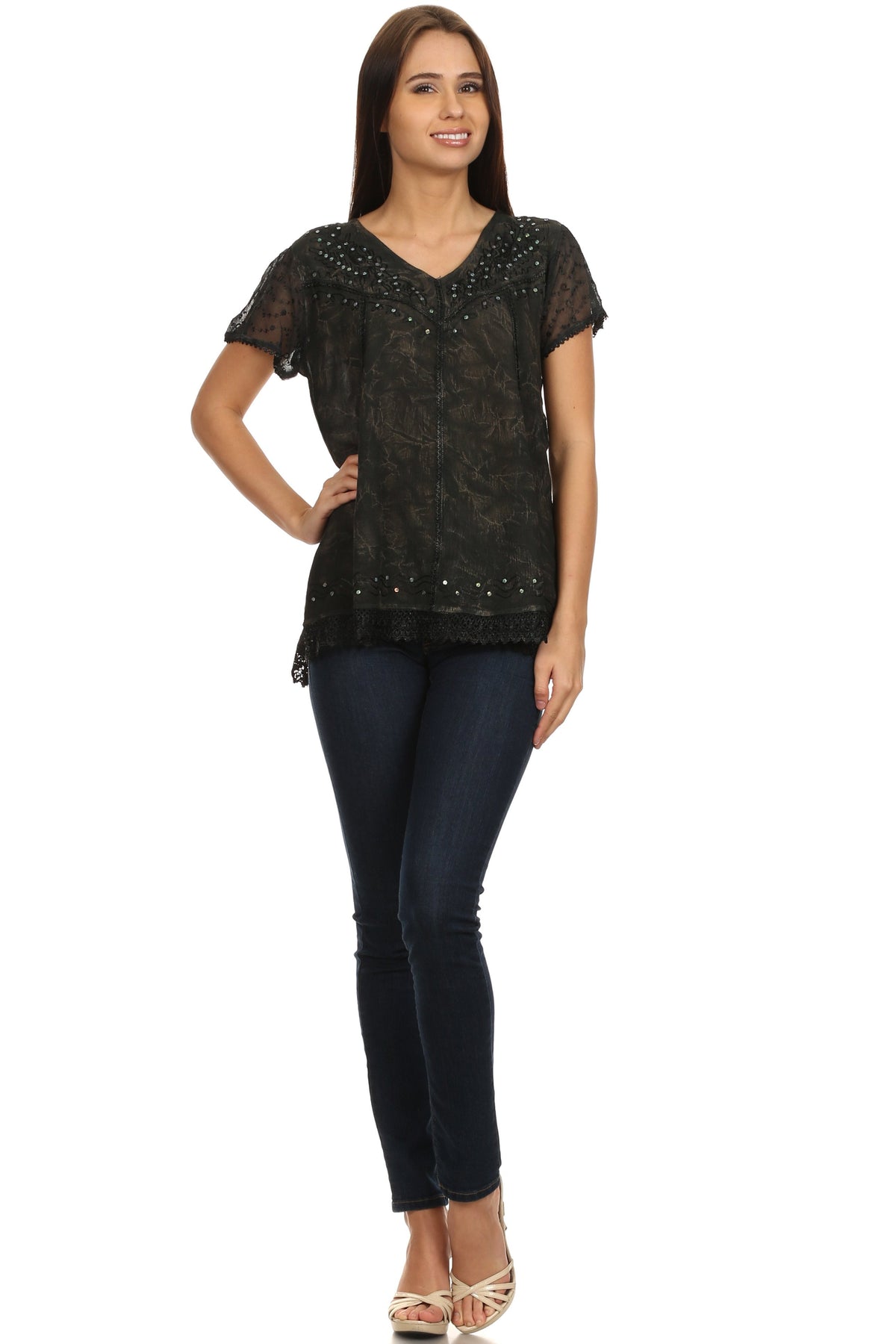 Black embroidered summer blouse with V-neck, sequin accents and lace-trim hem