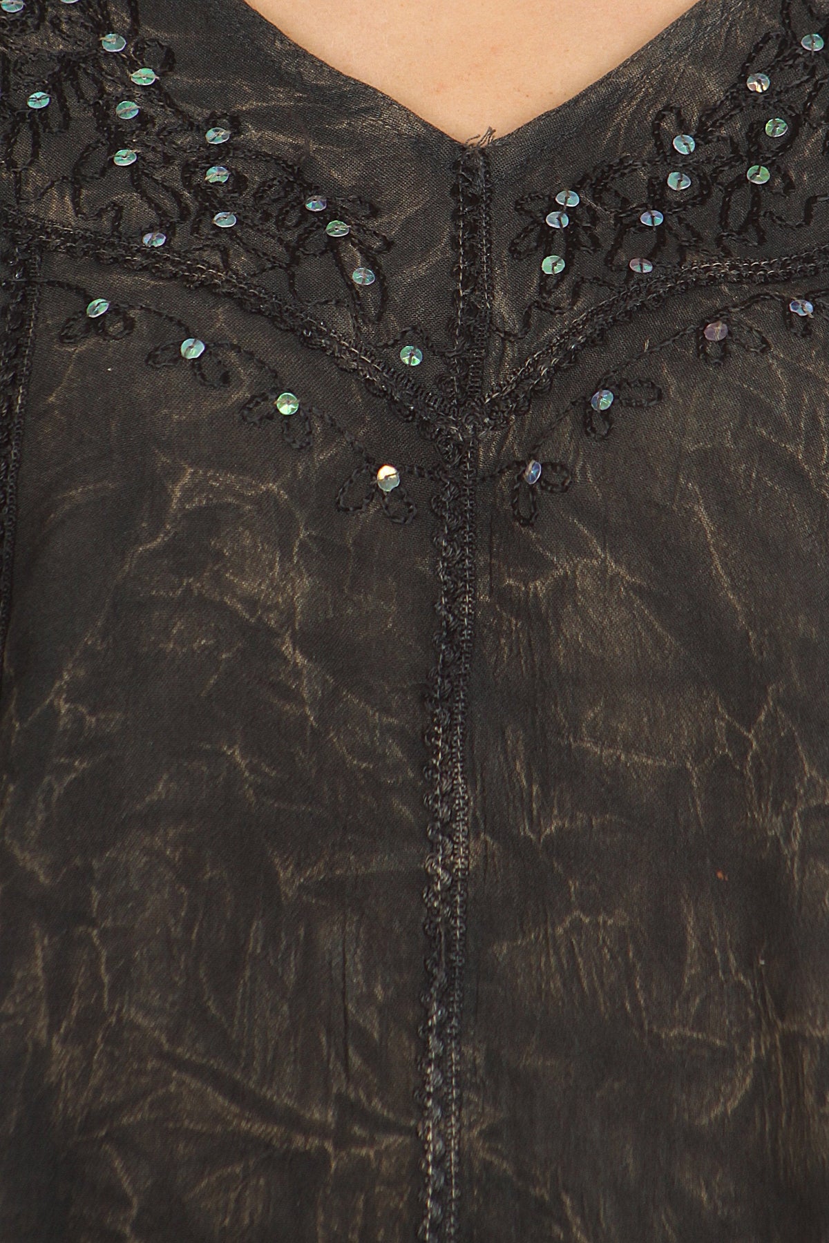Black embroidered blouse front with V-neck and scattered sequin accents