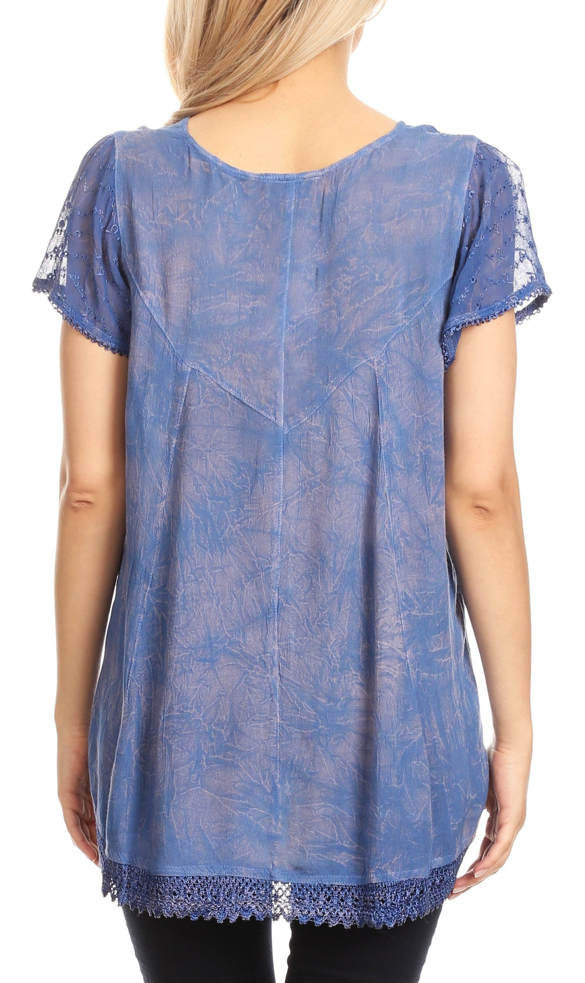 Blue embroidered sequin summer blouse, back view, short sleeves, lace-trim hem