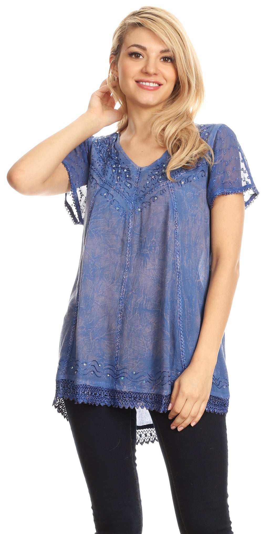 Blue embroidered sequin summer blouse, scoop V mix neckline, short sleeves, lace hem