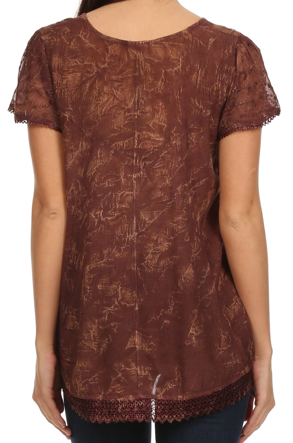 Brown embroidered summer blouse back with rounded neckline and short lace-trim sleeves