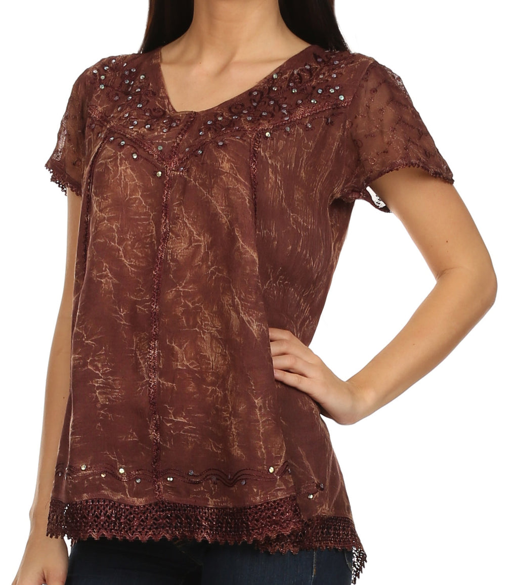Brown embroidered summer blouse with V-neck, sequin details and lace-trim bottom