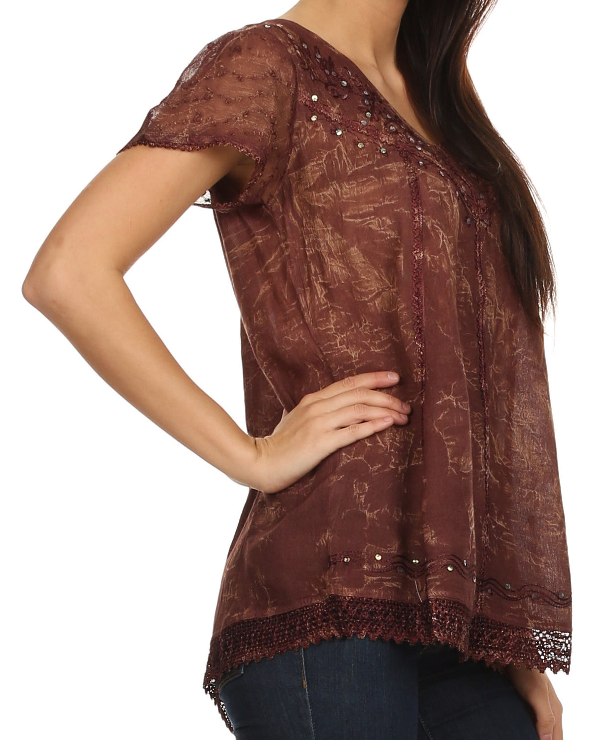 Brown embroidered summer blouse with V-neck, sequin-studded front and lace hem