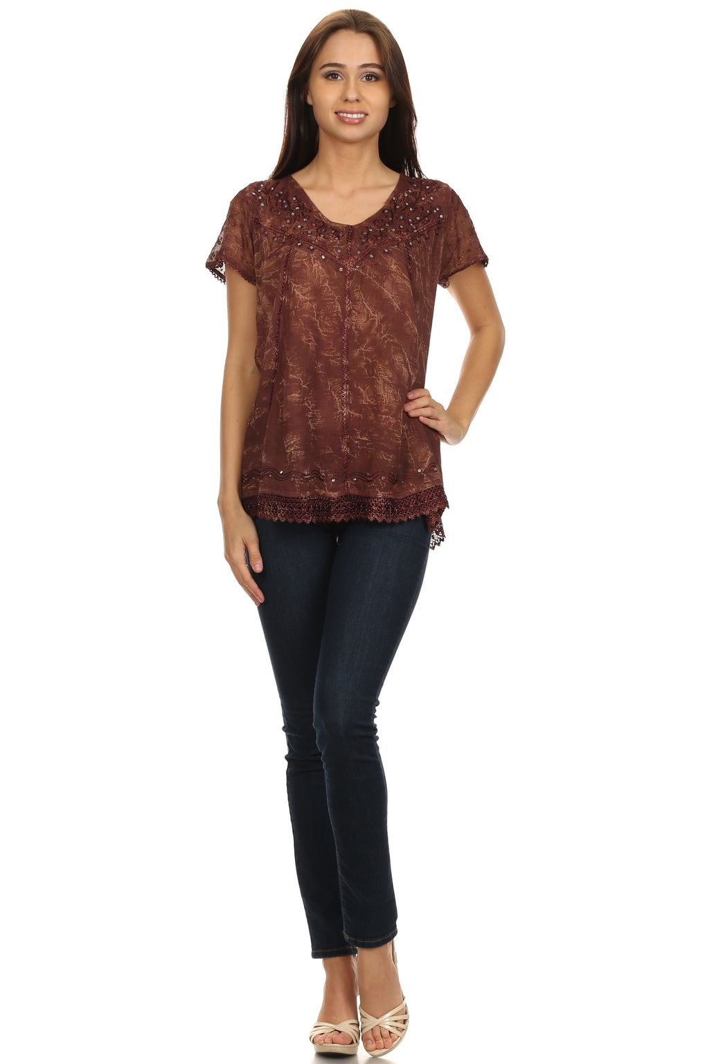 Brown embroidered summer blouse with V-neck, short sleeves, and lace-trim hem