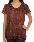 Brown embroidered summer blouse with V-neck, sequin-studded yoke and lace-trim hem