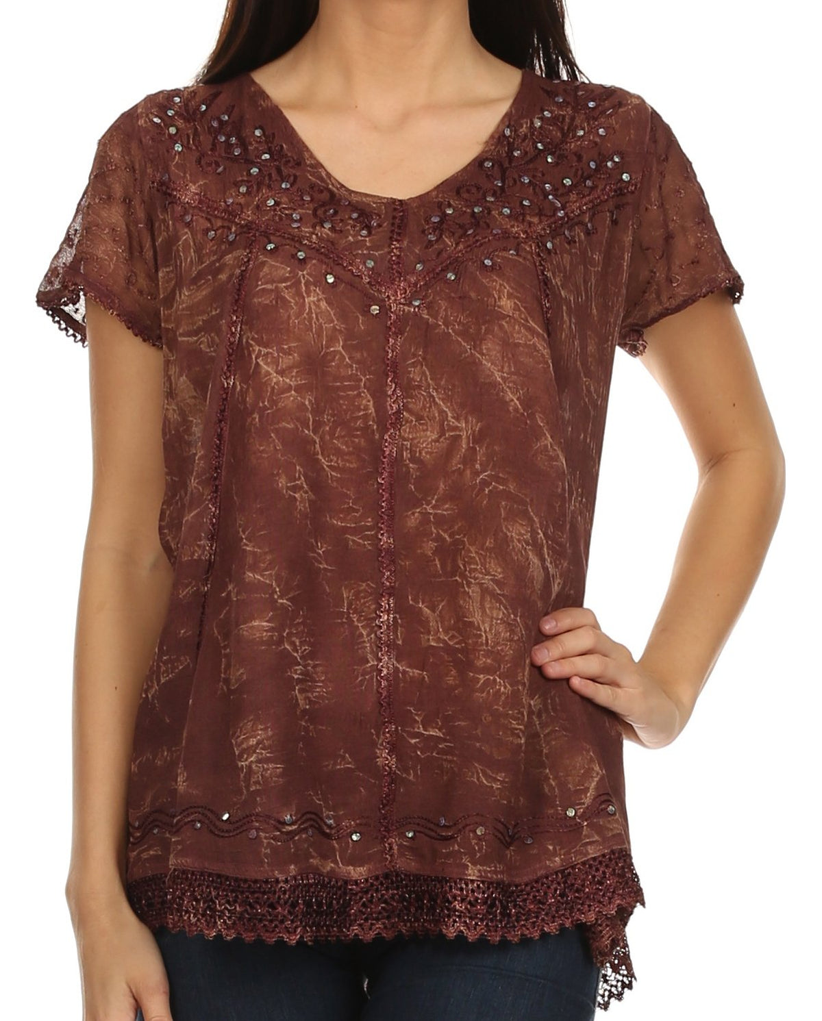 Brown embroidered summer blouse with V-neck, sequin-studded yoke and lace-trim hem