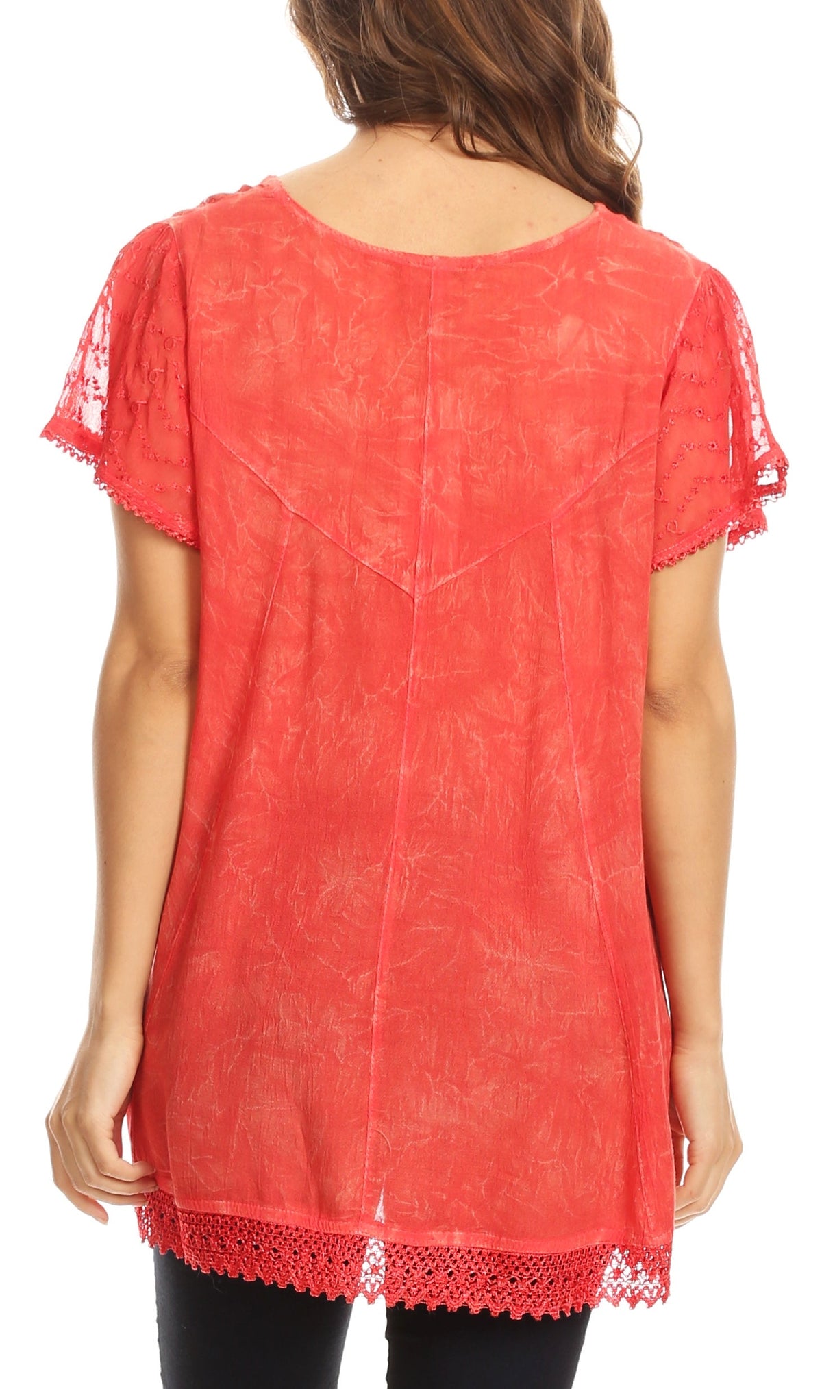 Coral back view summer blouse with short flutter sleeves and scalloped lace hem