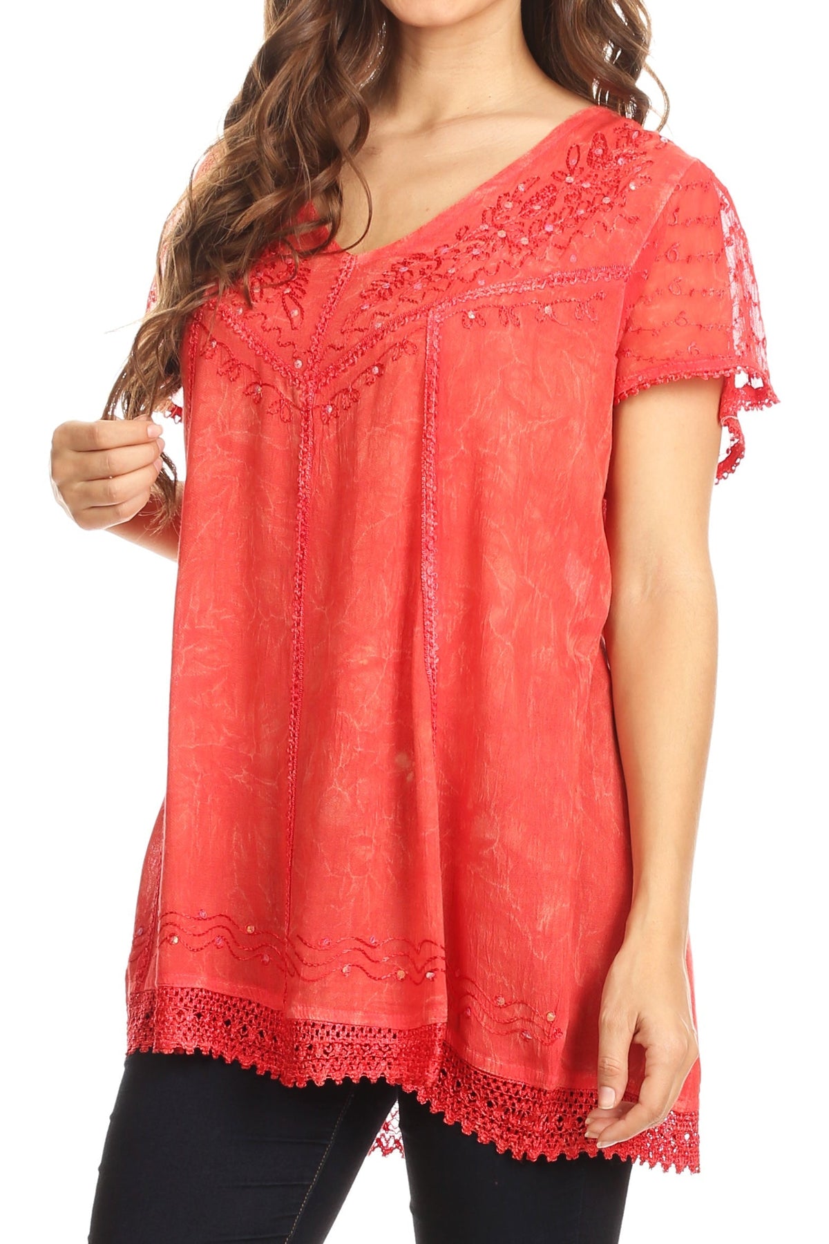 Coral summer blouse with V-neck, short sleeves, and decorative beading along neckline