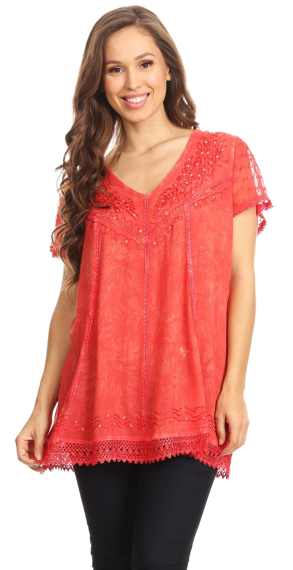 Coral V-neck summer blouse with short flutter sleeves and sequined embroidery hem detail