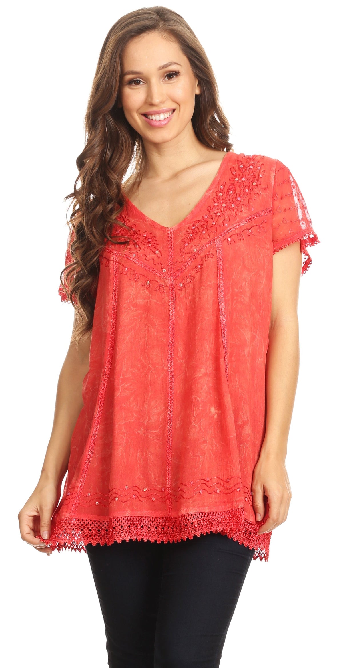 Coral V-neck summer blouse with short flutter sleeves and sequined embroidery hem detail