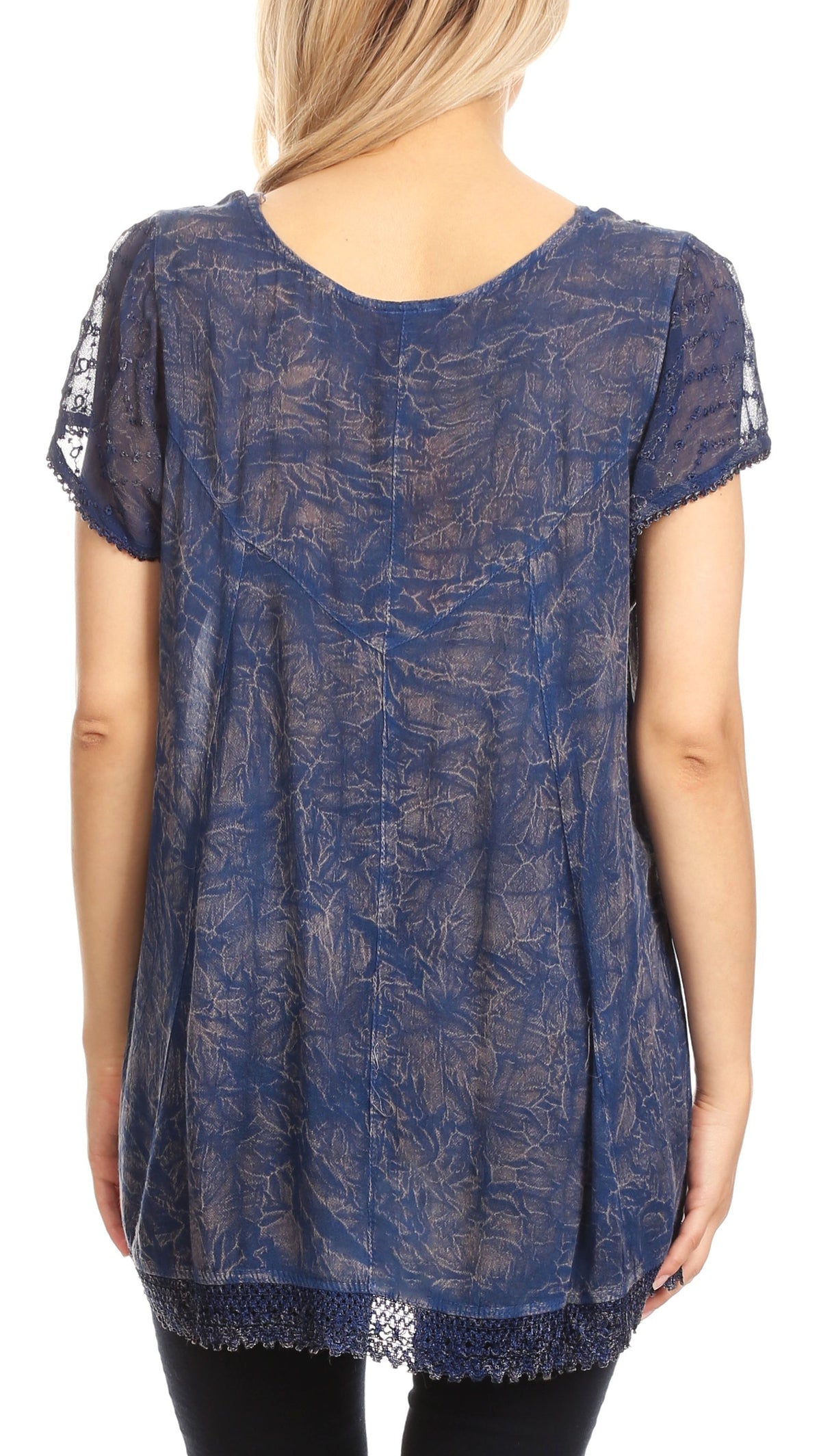 Blue embroidered summer blouse back with scoop neckline and lace-trim bottom edge