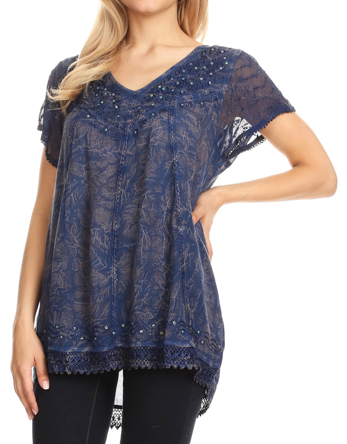 Blue embroidered summer blouse with V-neck, short sleeves, and scalloped lace edging