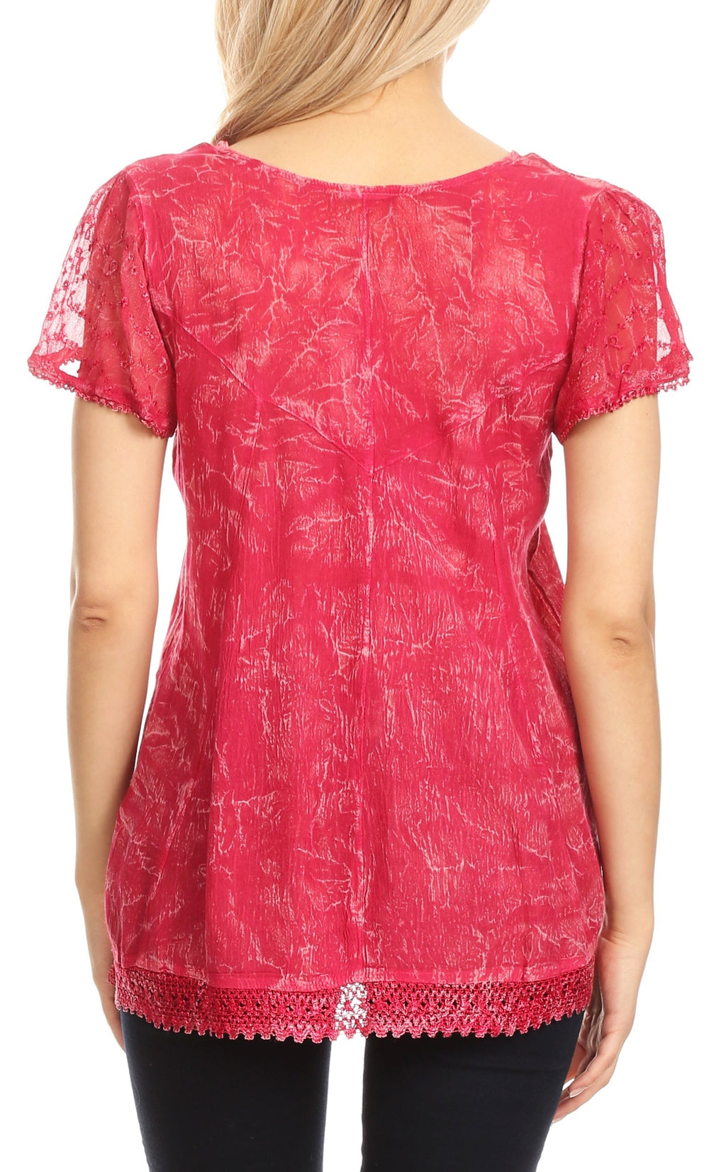 Red embroidered summer blouse back with scoop neckline and lace-trim bottom edge