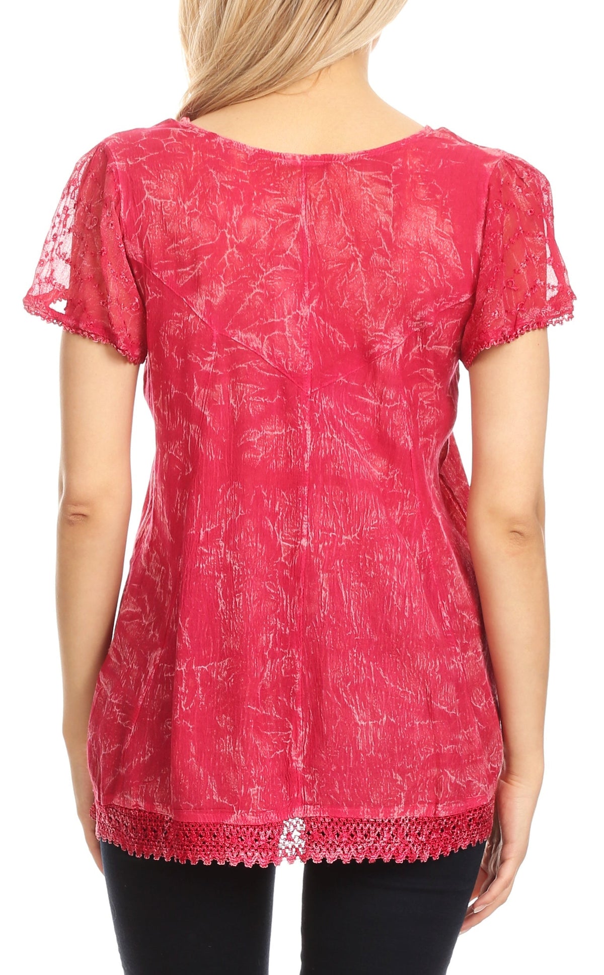 Red embroidered summer blouse back with scoop neckline and lace-trim bottom edge