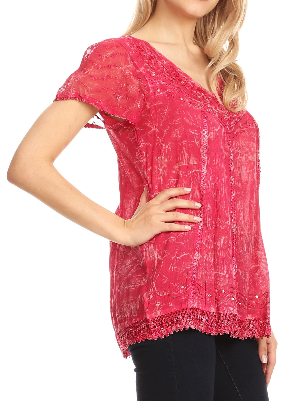 Red embroidered summer blouse with V-neck, short sleeves, and scalloped lace hem