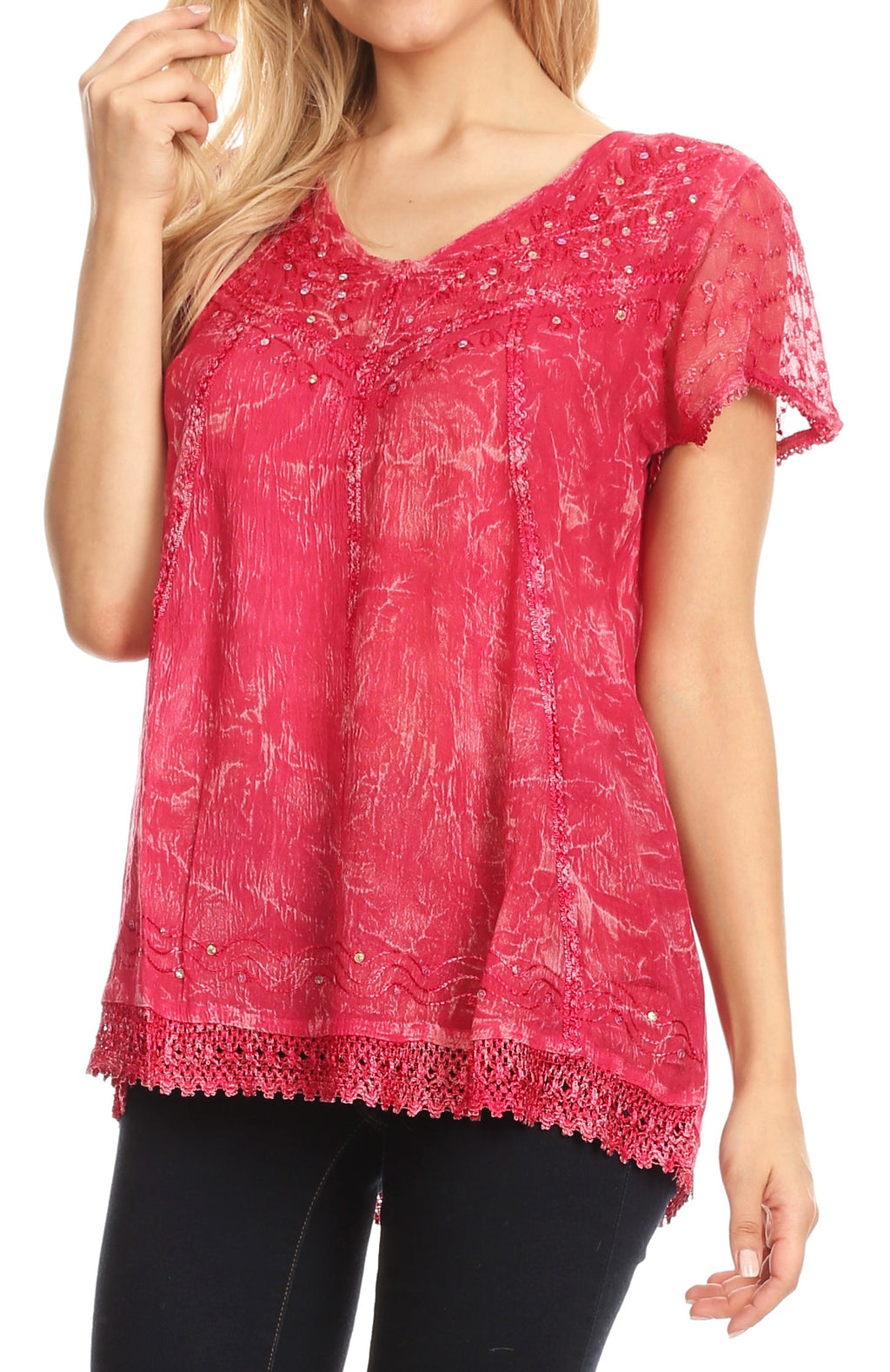 Red embroidered summer blouse with V-neck, short sleeves, and lace-trim bottom edge