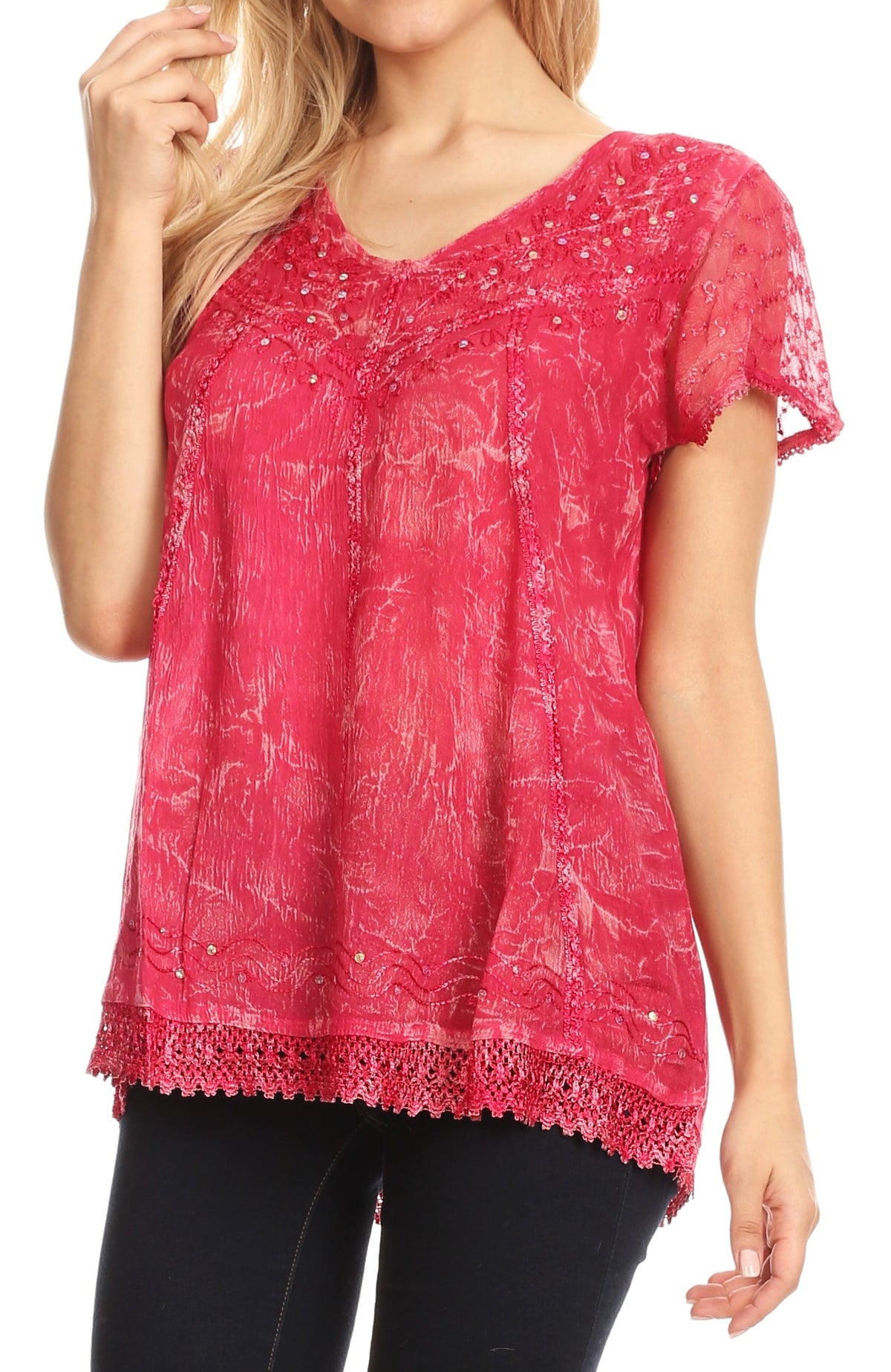 Red embroidered summer blouse with V-neck, short sleeves, and lace-trim bottom edge