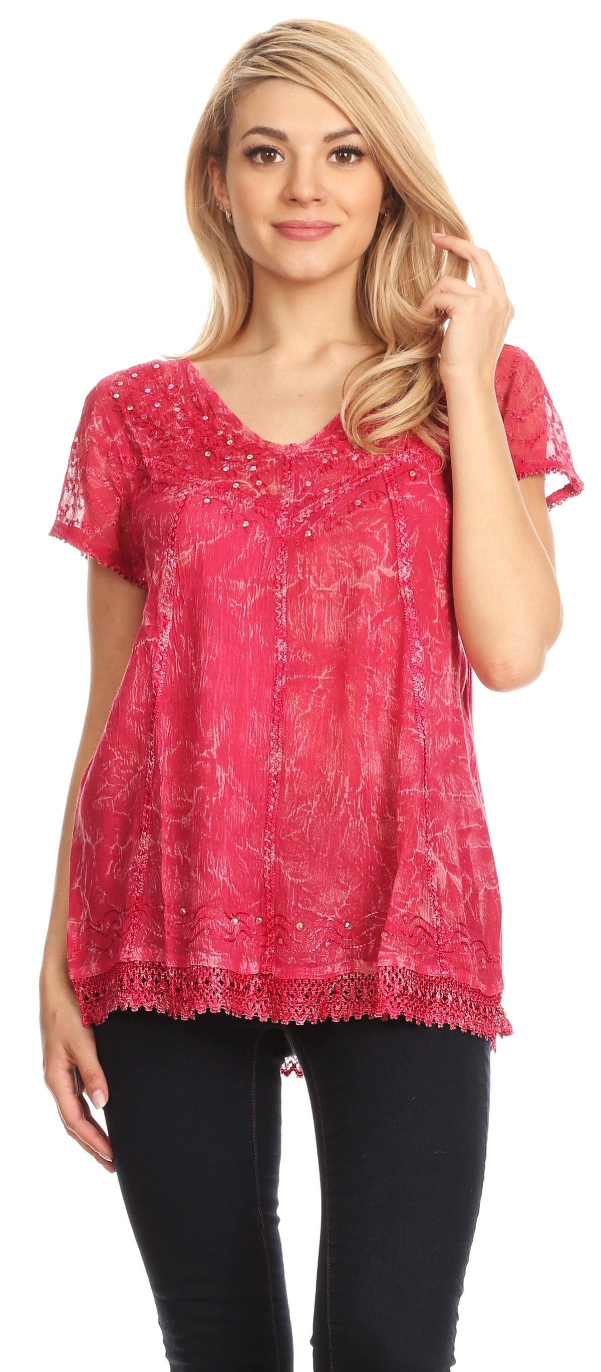 Red embroidered summer blouse with V-neck, sequin accents, and scalloped lace hem