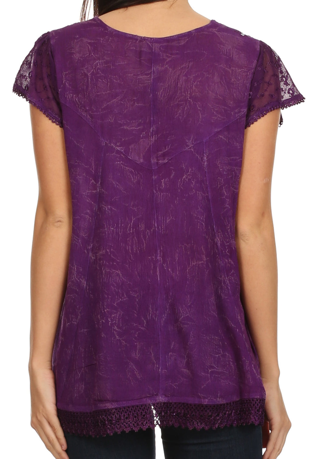 Purple embroidered summer blouse, back view, with lace-trim hem and short sleeves