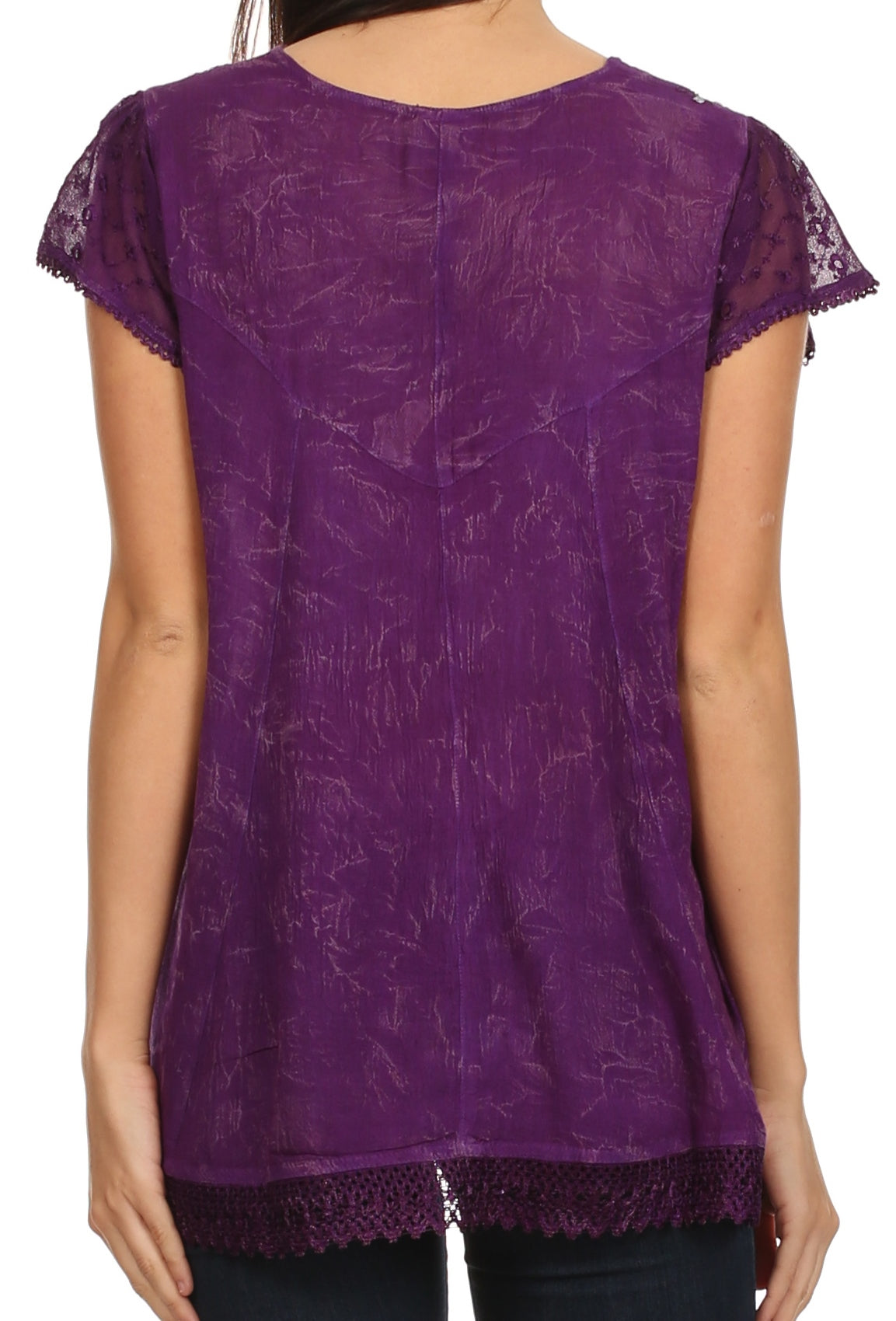 Purple embroidered summer blouse, back view, with lace-trim hem and short sleeves