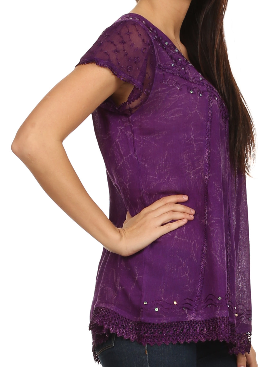 Purple embroidered summer blouse with V-neck, sequin accents, and lace scalloped hem