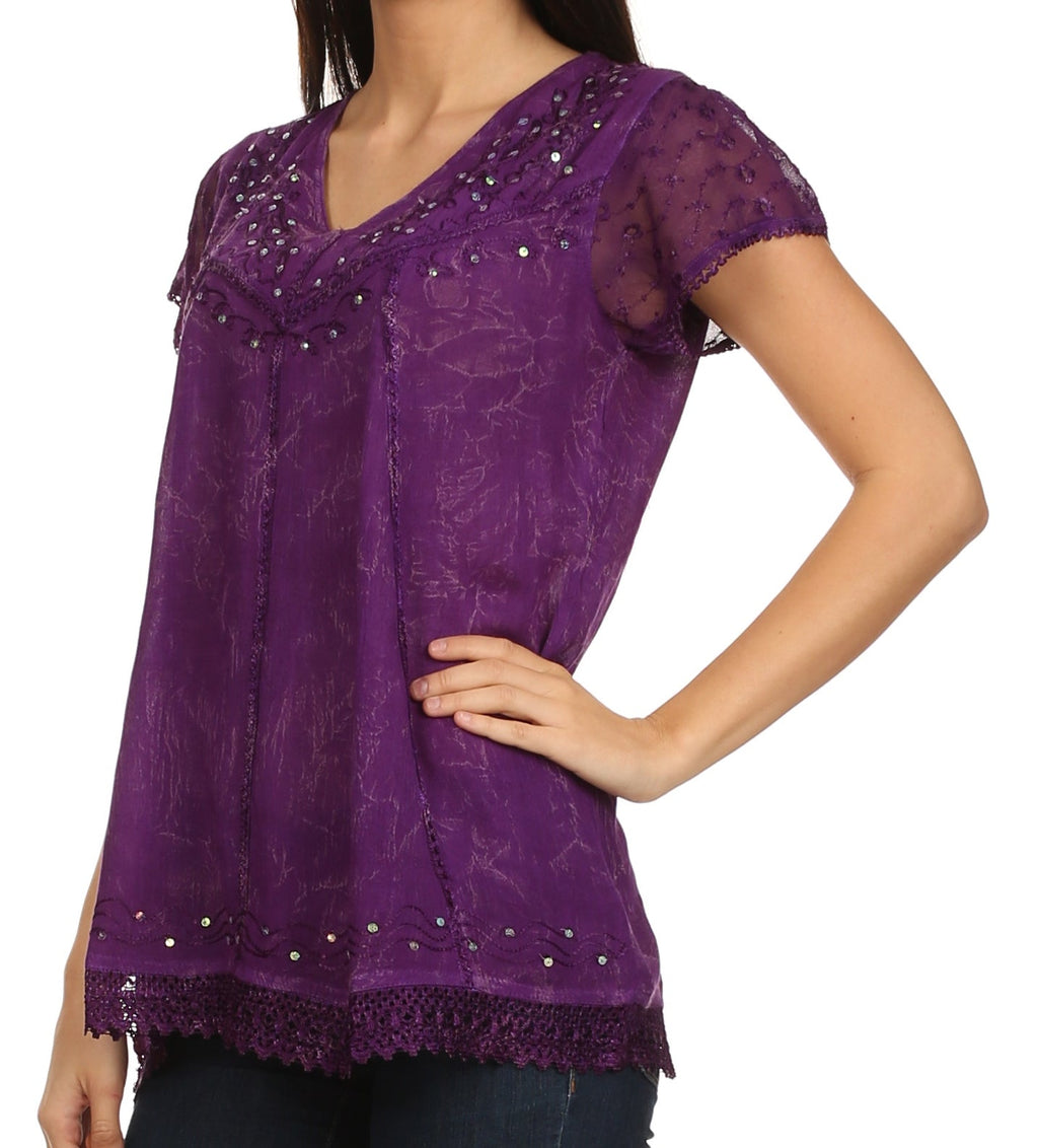 Purple embroidered summer blouse front with V-neck sequin trim and lace hem