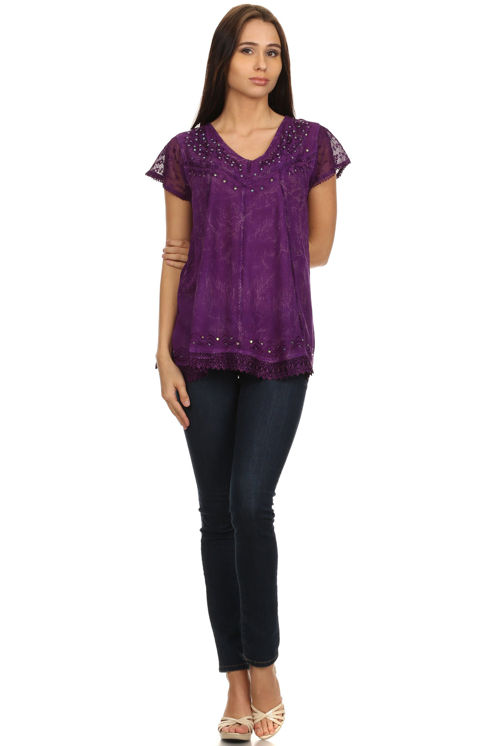 Purple embroidered summer blouse with V-neck, sequin details, and lace-trim sleeves