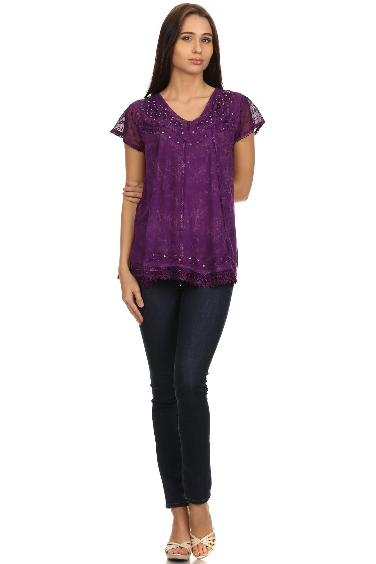Purple embroidered summer blouse with V-neck, sequin details, and lace-trim sleeves