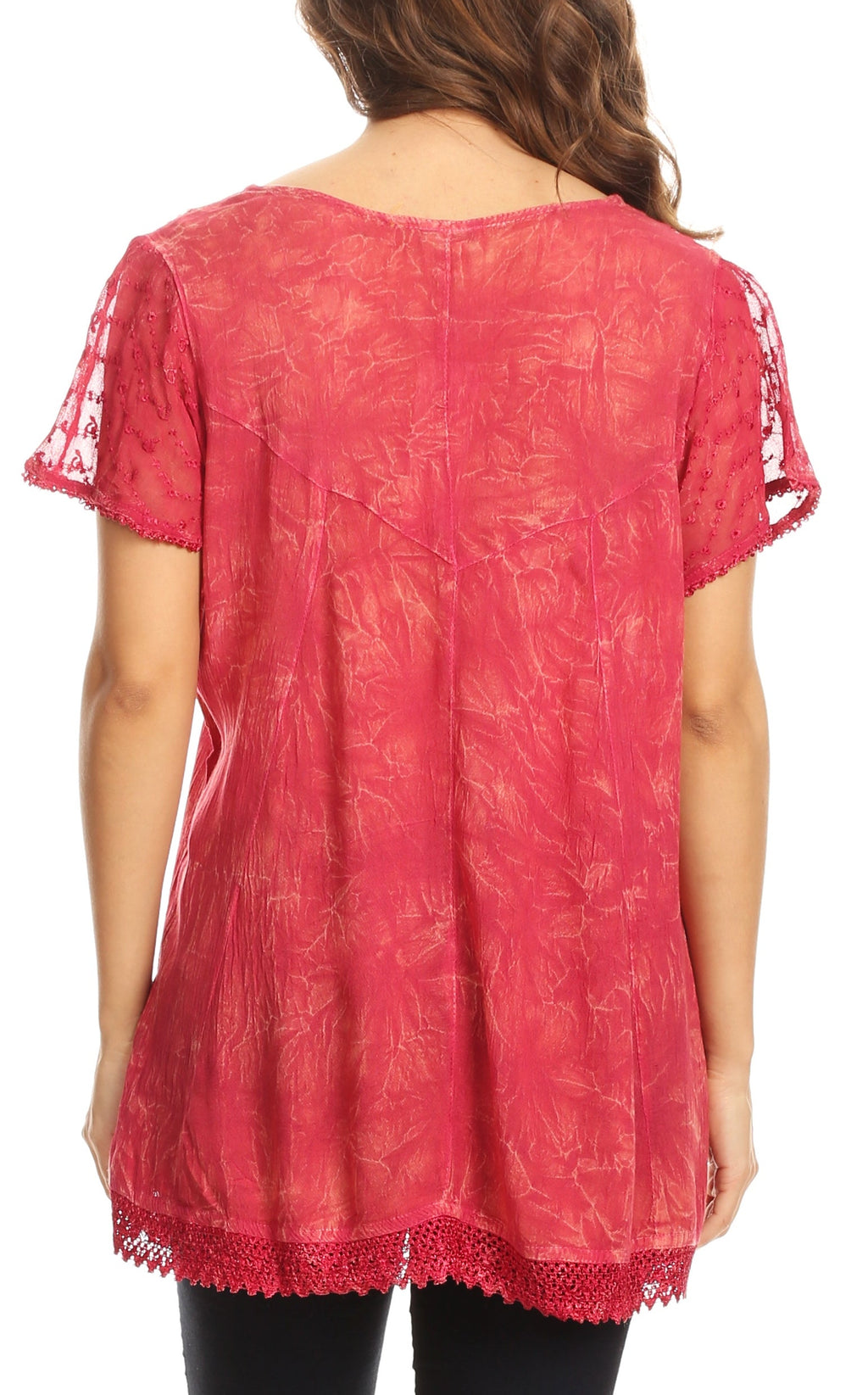 Coral back panel of summer blouse with short flutter sleeves and lace scalloped edging