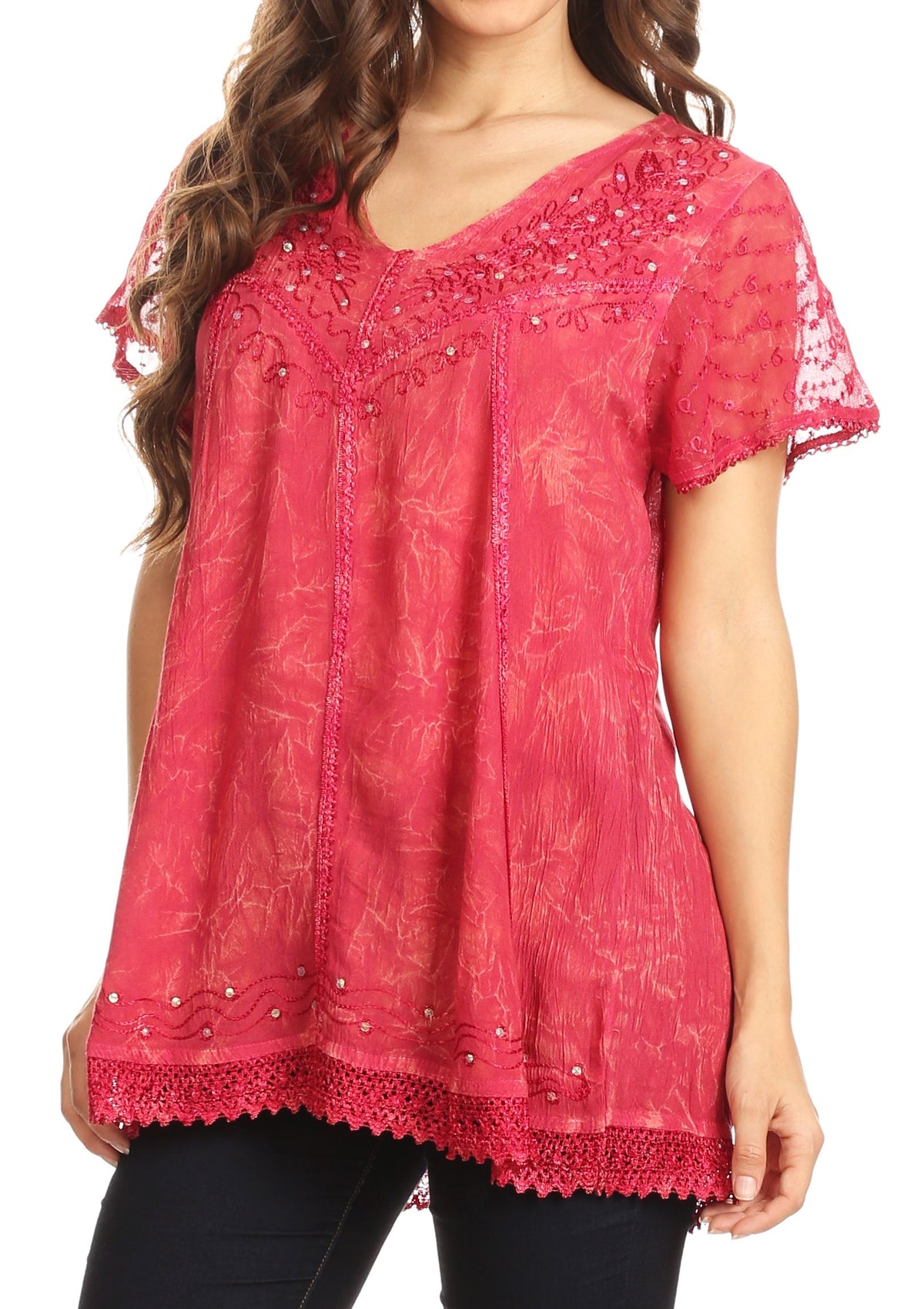 Coral V-neck blouse with sequin embroidery, short flutter sleeves, and lace-trim hem
