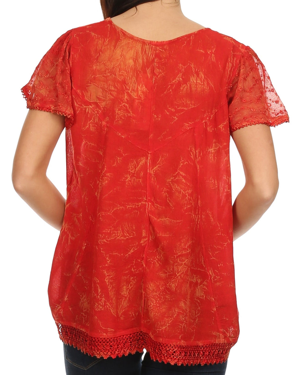 Red embroidered summer blouse back view with lace-trim hem and short flutter sleeves