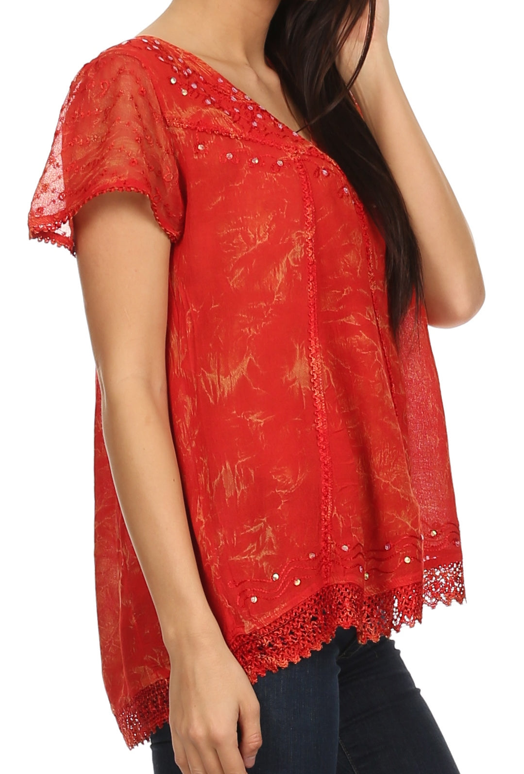 Red embroidered summer blouse side view with V-neck, sequin accents, and lace hem