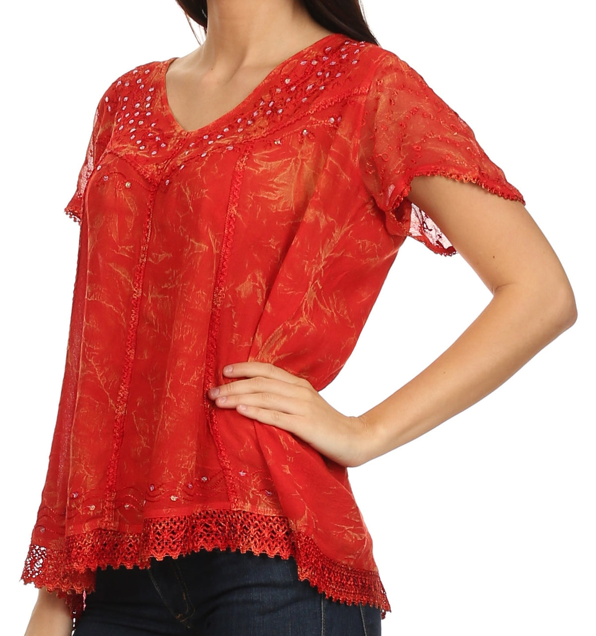 Red embroidered summer blouse with V-neck sequin accents and scalloped lace hem