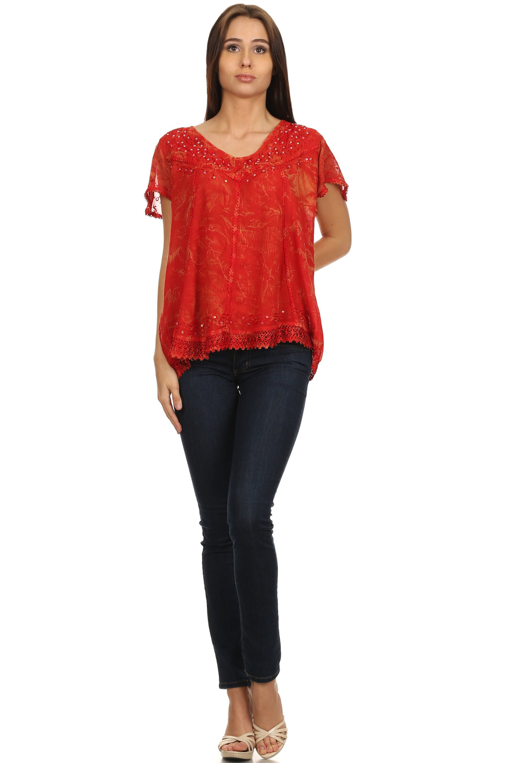 Coral summer blouse with V-neck, short flutter sleeves, and embroidered sequin accents