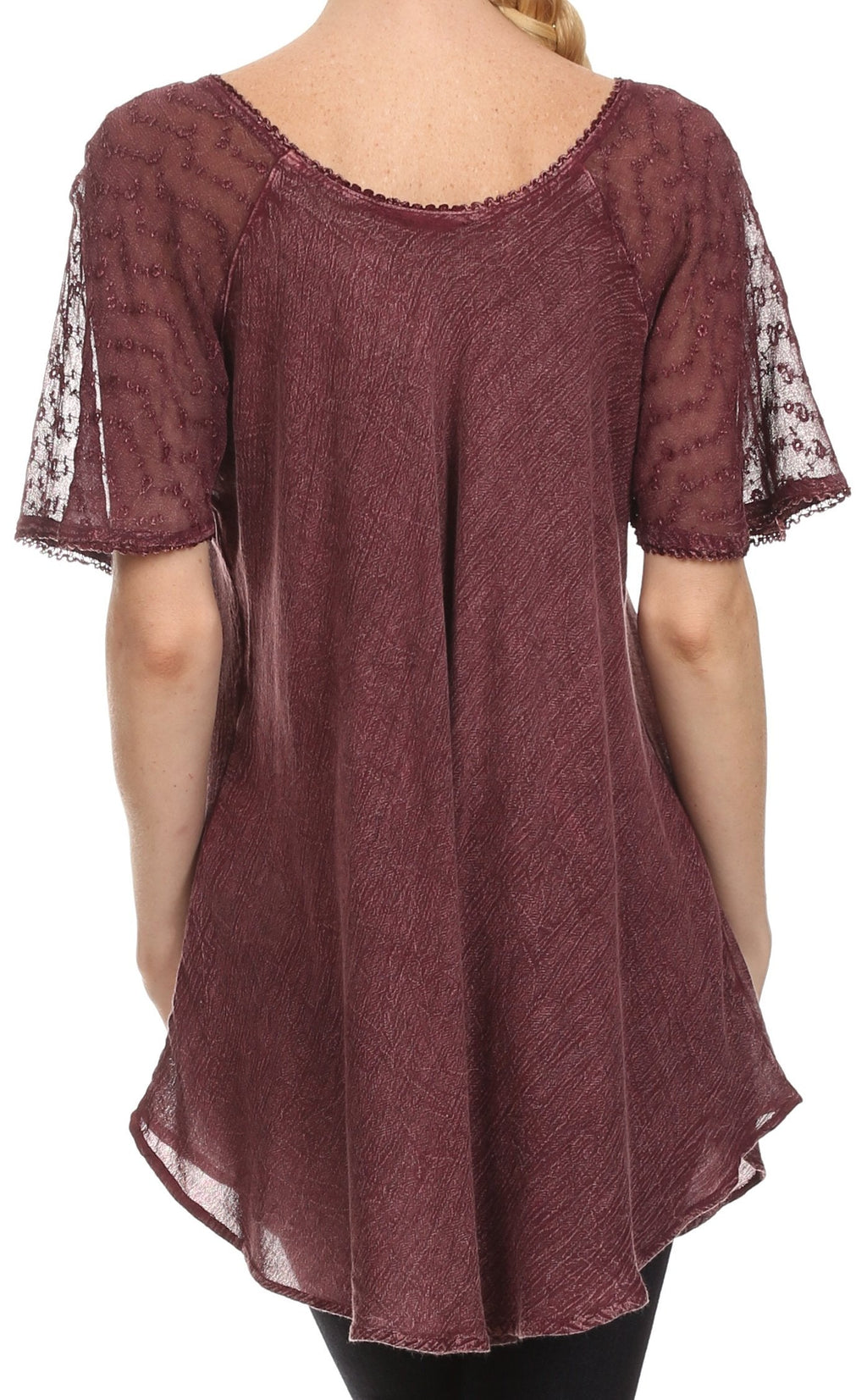 Burgundy relaxed-fit scoop-neck blouse with lace-look cap sleeves and draped back yoke