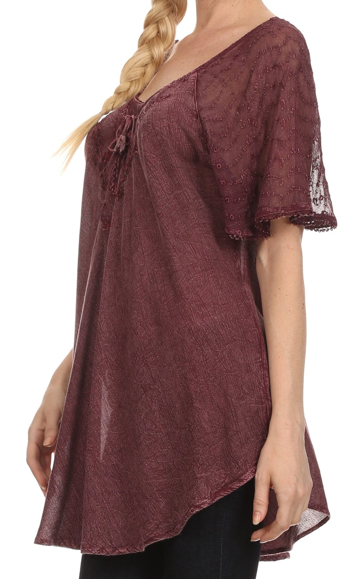 Burgundy relaxed-fit scoop-neck blouse with sequin bow detail at neckline and short sleeves