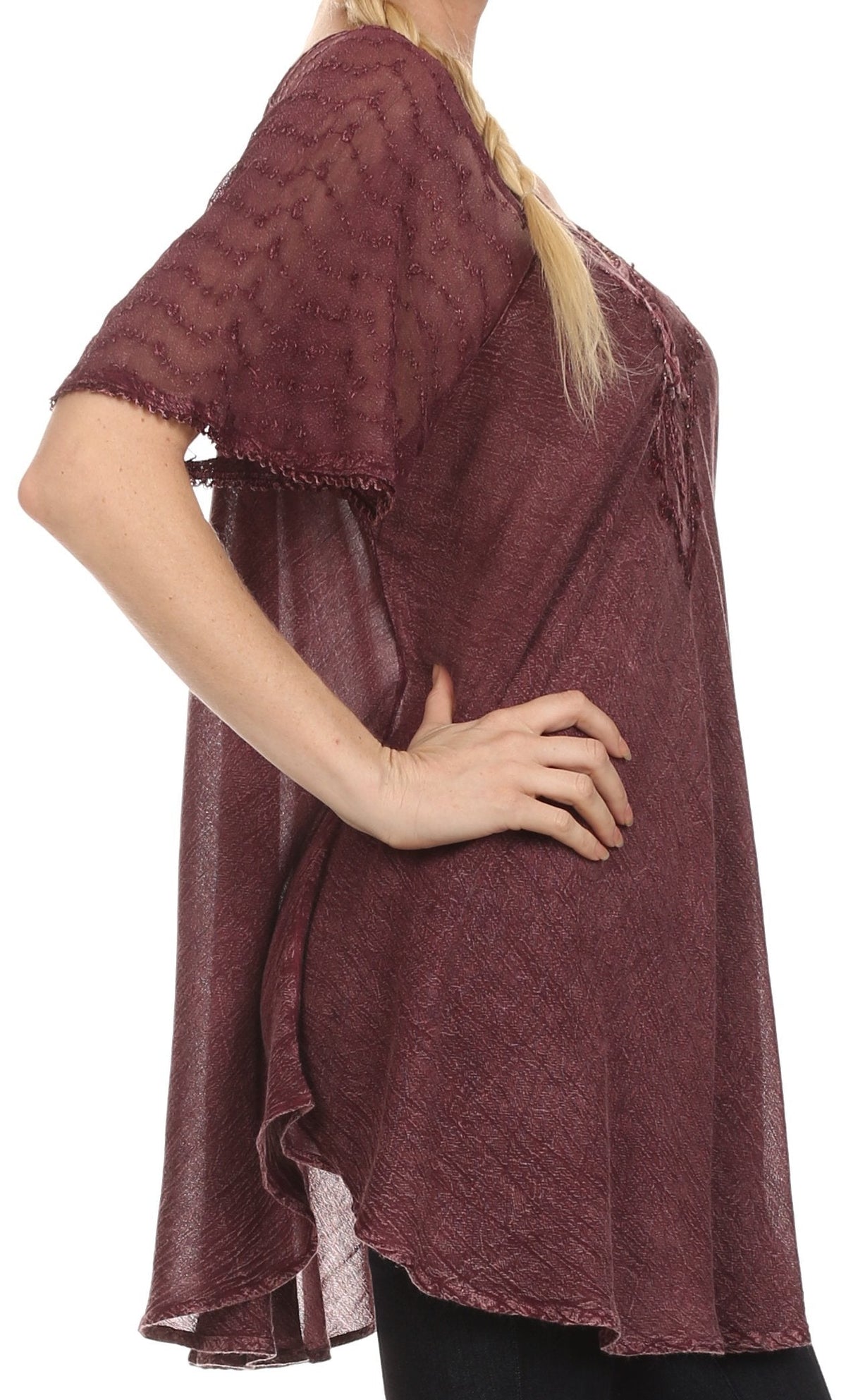 Burgundy relaxed-fit scoop-neck blouse with lace-trim cap sleeves and flowing side drape