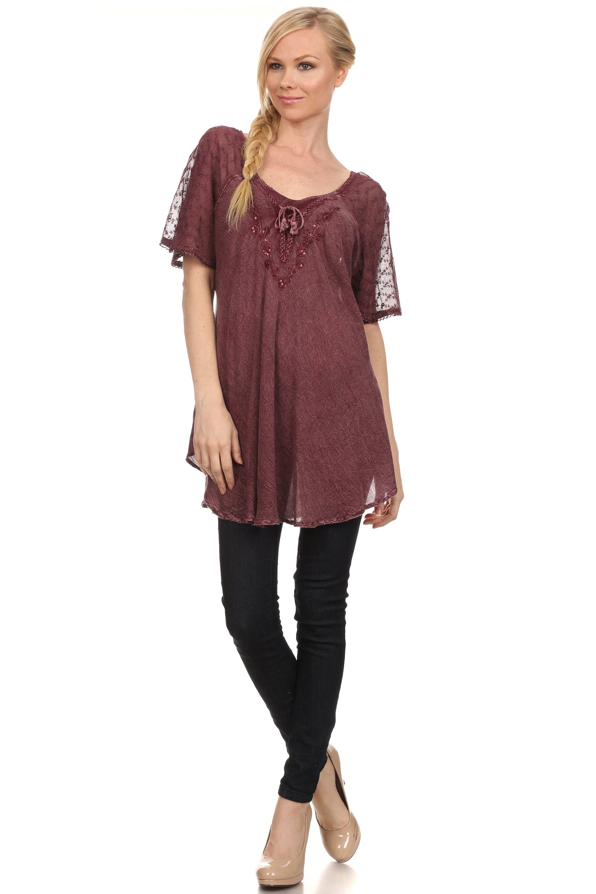 Burgundy relaxed-fit scoop-neck blouse with sequin-embroidered neckline and cap sleeves