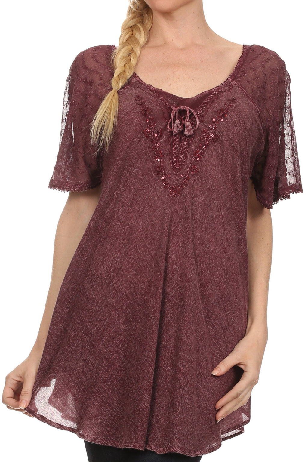 Burgundy relaxed-fit scoop-neck blouse with sequin-embroidered neckline and short cap sleeves
