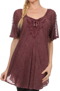 Burgundy relaxed-fit scoop-neck blouse with sequin-embroidered neckline and short cap sleeves