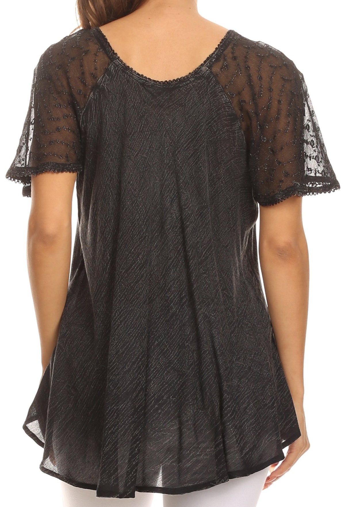 Women’s dark lace sequin blouse with scalloped scoop neck and short flared sleeves