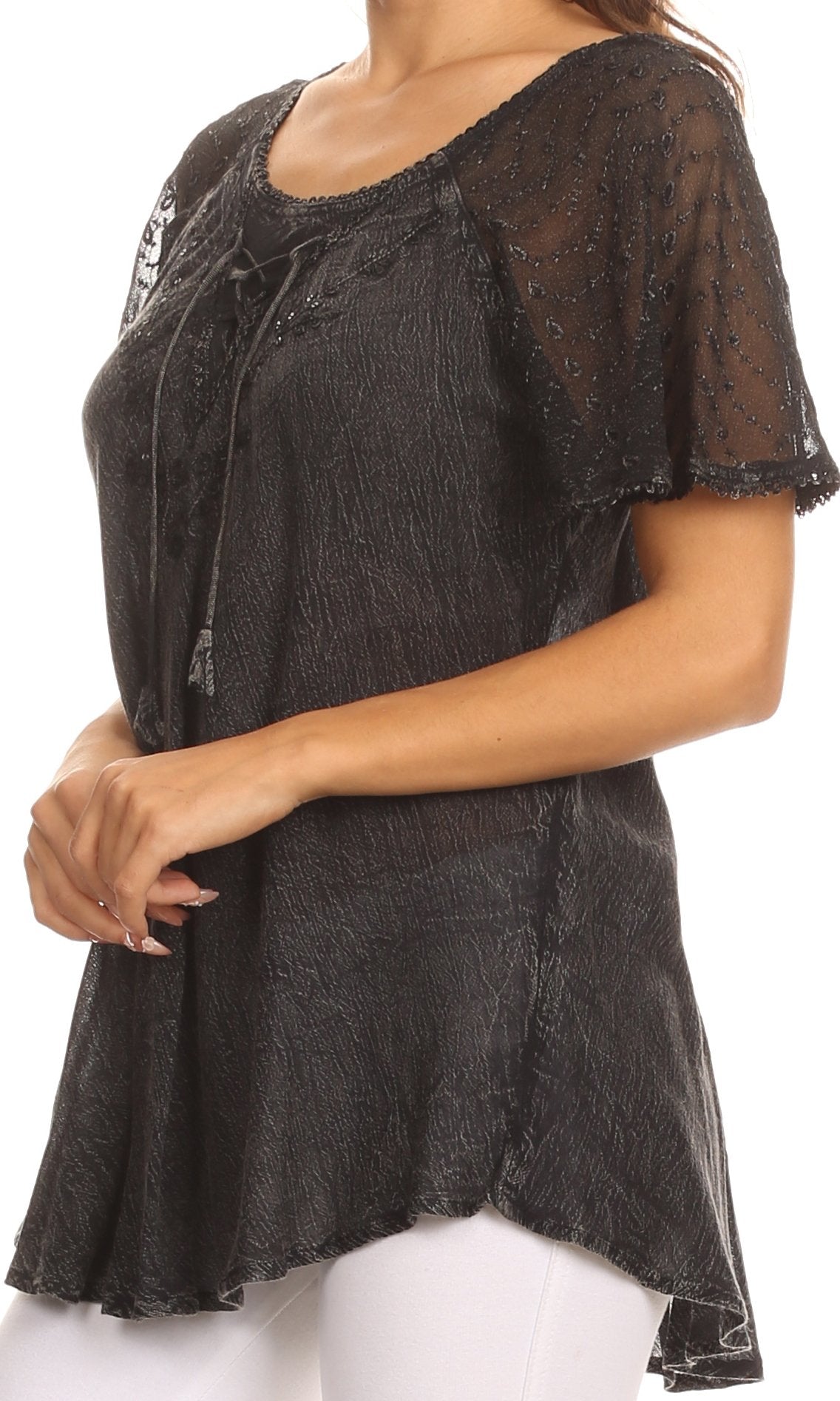 Women’s dark lace sequin scoop-neck blouse with tassel tie detail and short sleeves