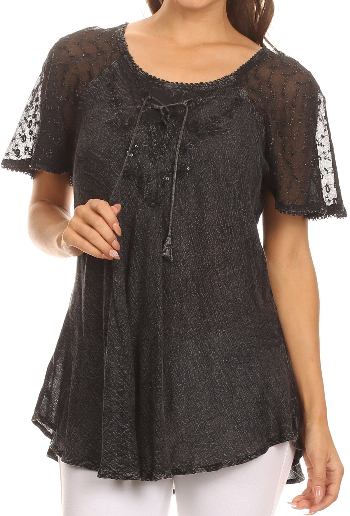 Women’s dark lace sequin blouse with scoop neck and short cap sleeves, relaxed fit