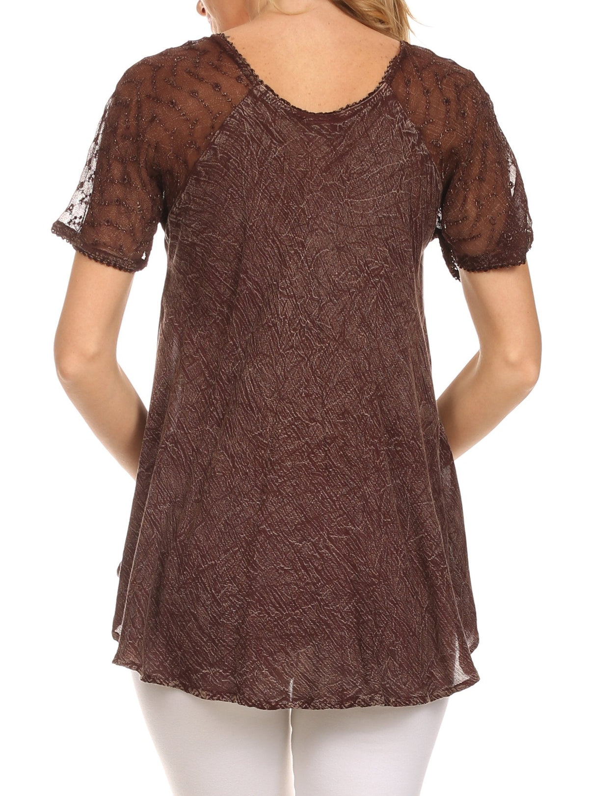 Chocolate relaxed-fit scoop-neck blouse with lace-look cap sleeves and embroidered neckline detail