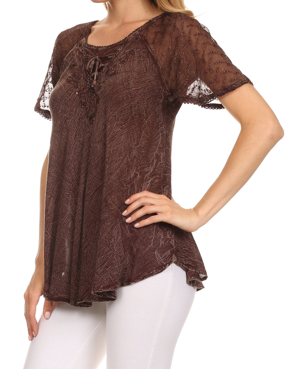 Chocolate relaxed-fit scoop-neck blouse with sequin-embroidered neckline and loose fit