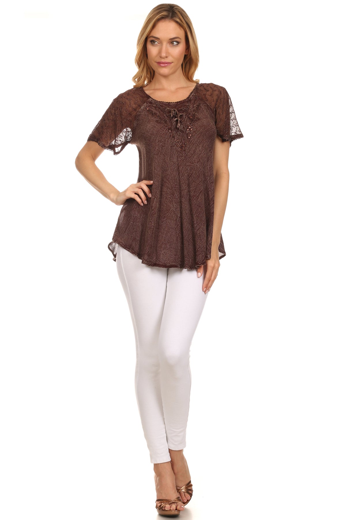 Chocolate relaxed-fit scoop-neck blouse with sequin neckline detail and short cap sleeves