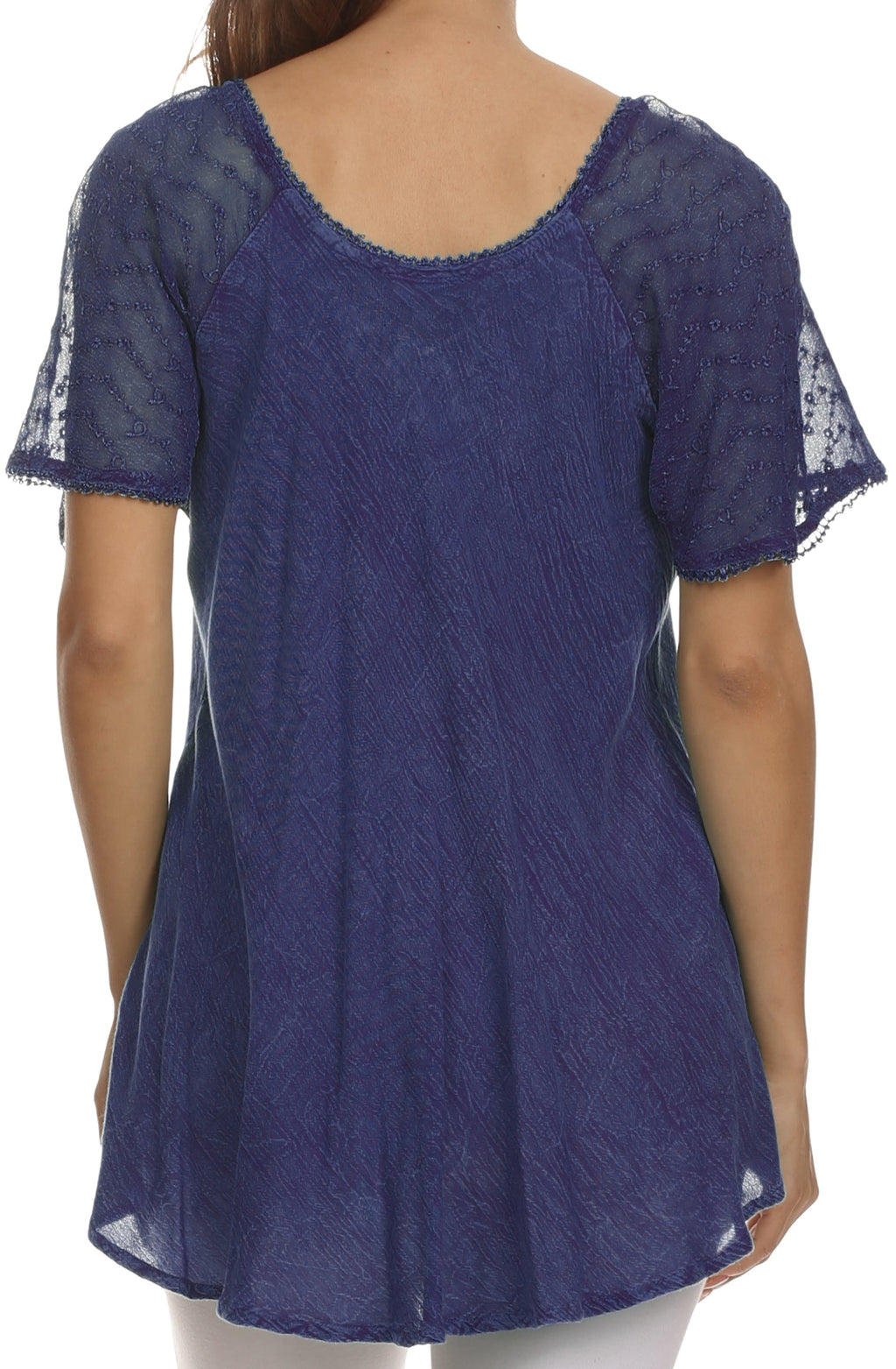 Dark blue sequin-embroidered blouse with cap sleeves and scoop neckline