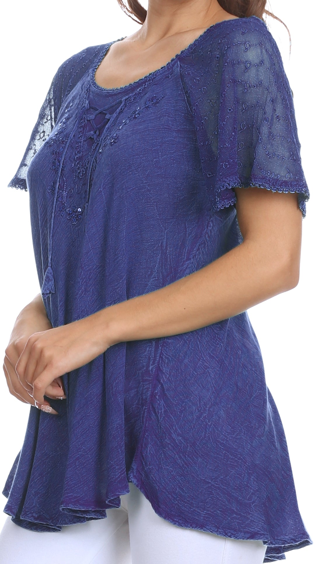 Dark blue sequin-embroidered blouse with scoop neck and relaxed drape