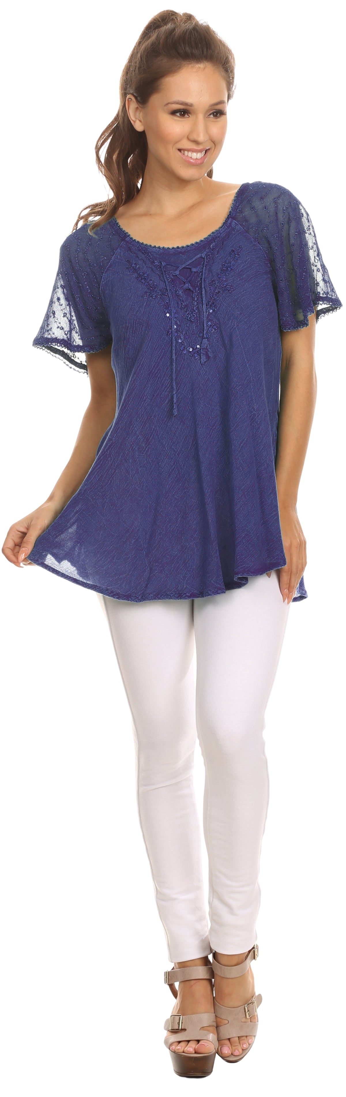 Dark blue sequin-embroidered blouse with cap sleeves and scoop neckline