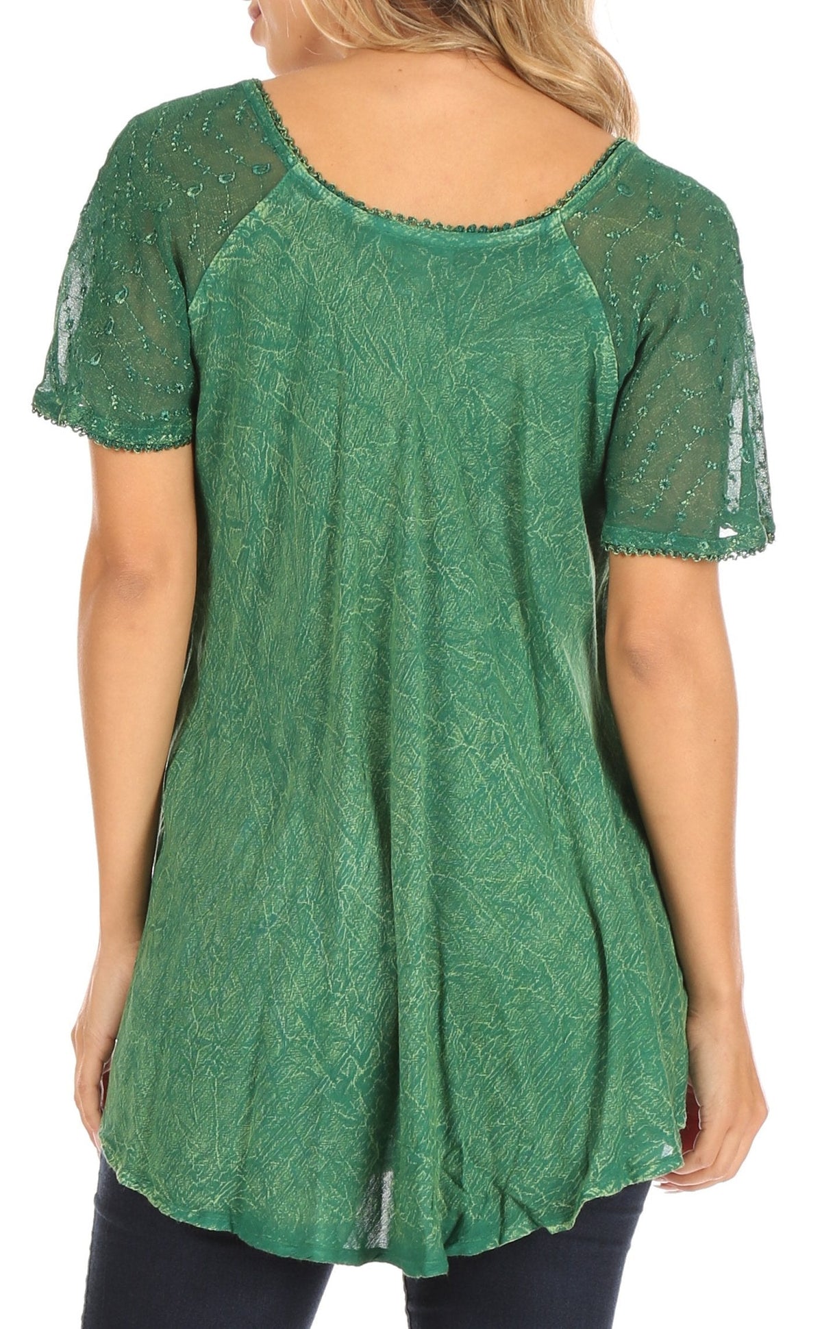Women’s green lace sequin tunic blouse with scoop neck and short flared sleeves